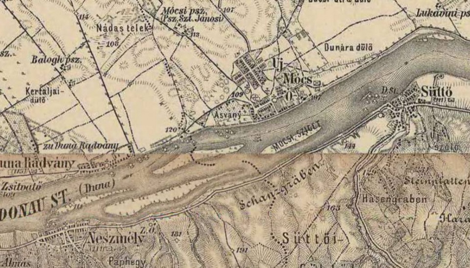 Vojenskí kresliči máp z rokov 1869-1887 zakreslili pozoruhodný počet plávajúcich mlynov aj na Dunaji v okolí Komárna (Komorn) a v oblasti medzi Radvaňou a Močou. Práve náš kolárovský mlyn je vyrobený podľa prototypu pôvodného radvanského mlyna.