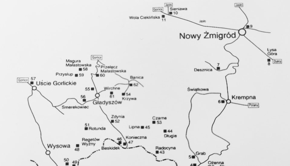 Obr. 1 Mapa okrsku Zmigród, pre ktorý projektoval cintoríny Dušan Jurkovič  (Zdroj: Bořutová, D.: Architekt Jurkovič, Bratislava 2009:  SLOVART, ISBN 978-80-8085-665-6, str. 161)