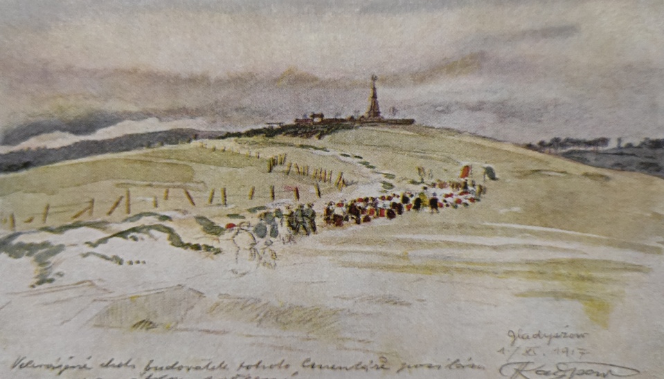 Obr. 3 Vojenský cintorín Gladyszów, kolorovaná kresba Adolfa Kašpara 1917 (Zdroj: Bořutová, D.: Architekt Jurkovič, Bratislava 2009:  SLOVART, ISBN 978-80-8085-665-6, str. 163)