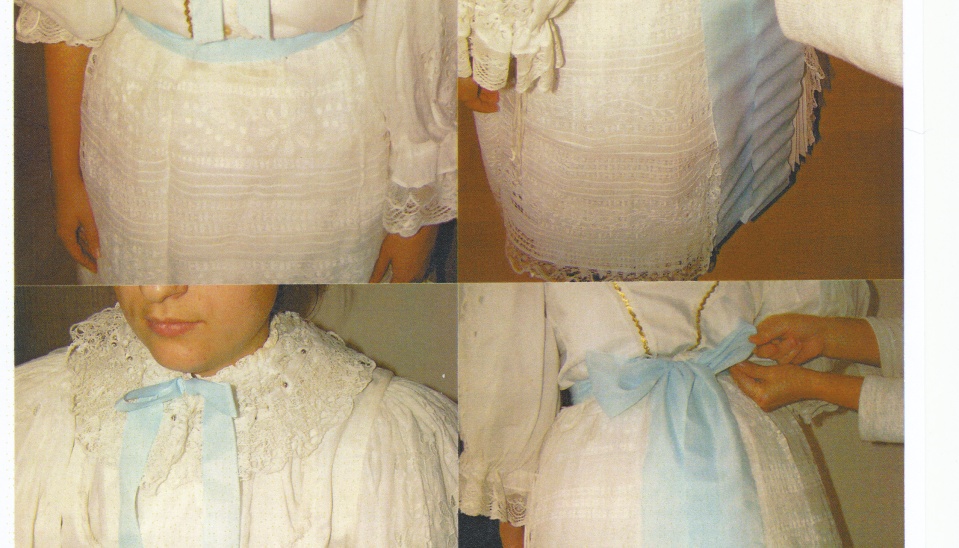 Svadobný stupavský kroj s mašľami, paralela s dlhou šatkou neskôr použitou pri modeli 