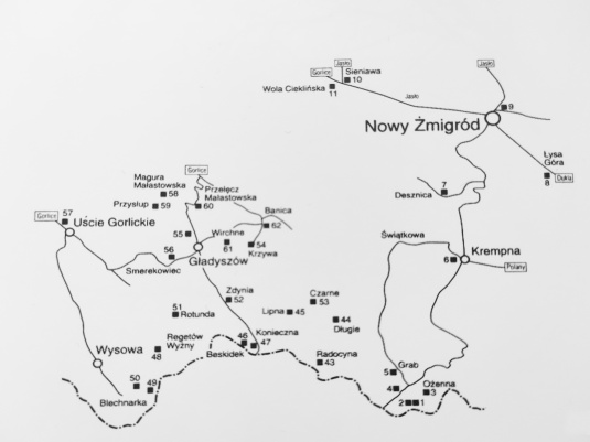 Obr. 1 Mapa okrsku Zmigród, pre ktorý projektoval cintoríny Dušan Jurkovič  (Zdroj: Bořutová, D.: Architekt Jurkovič, Bratislava 2009:  SLOVART, ISBN 978-80-8085-665-6, str. 161)